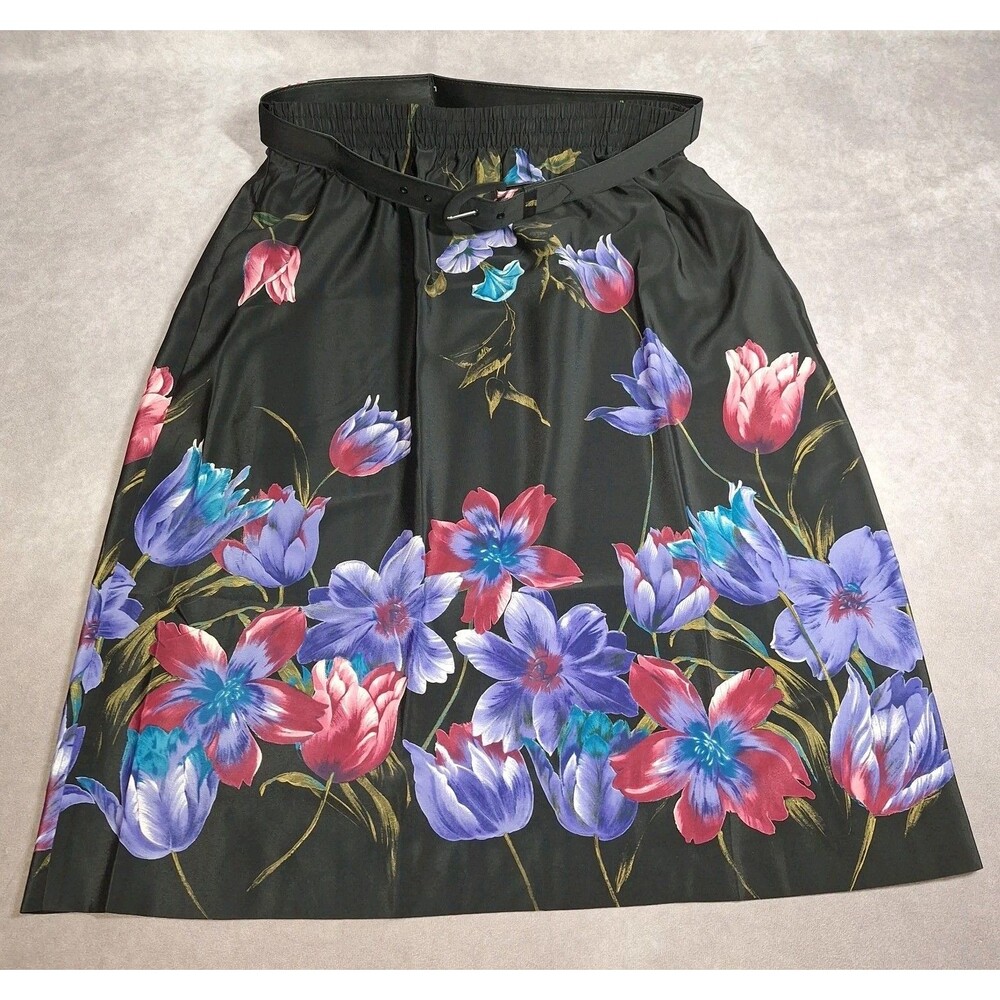 Maggie Sweet Floral Skirt Petite Large Tulip Border #426 Polyester Belted Pocket